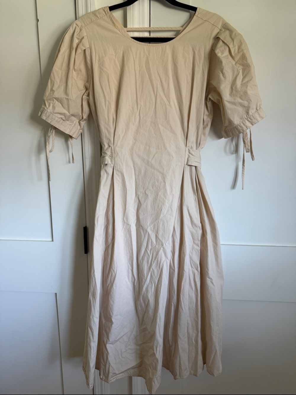 Vintage Cream Midi Dress with Puff Sleeves and Snatched Waist Tabs